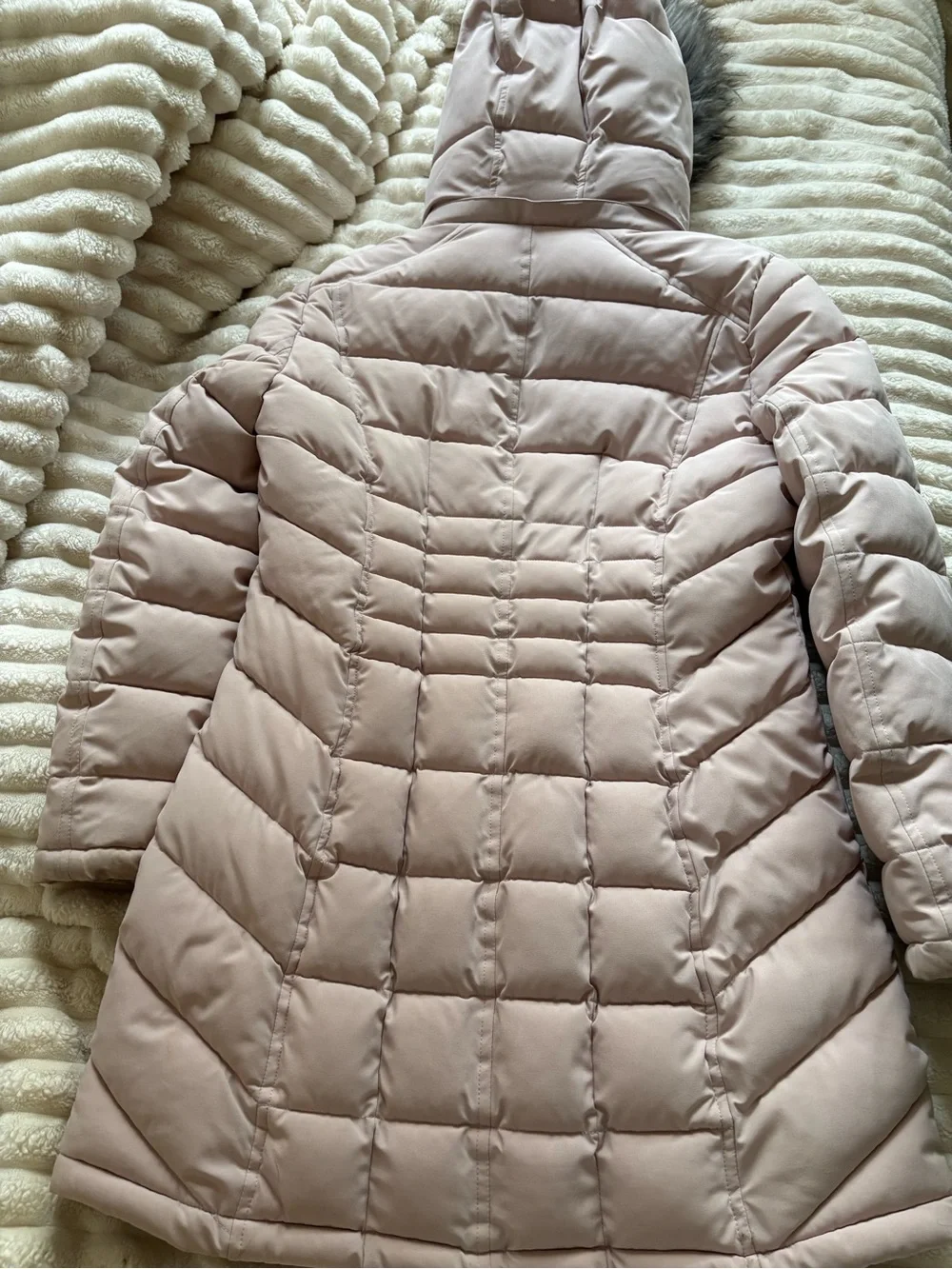 Calvin Klein Light Pink Quilted Hooded Puffer Coat with Faux Fur Trim